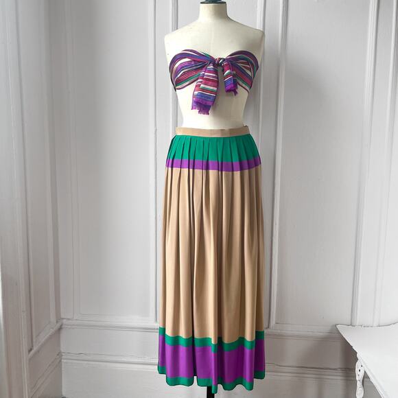 VTG Oscar De La Renta 70s 80s Silk Boho Full Maxi Skirt Colorblock Stripe Scarf - Picture 8 of 10